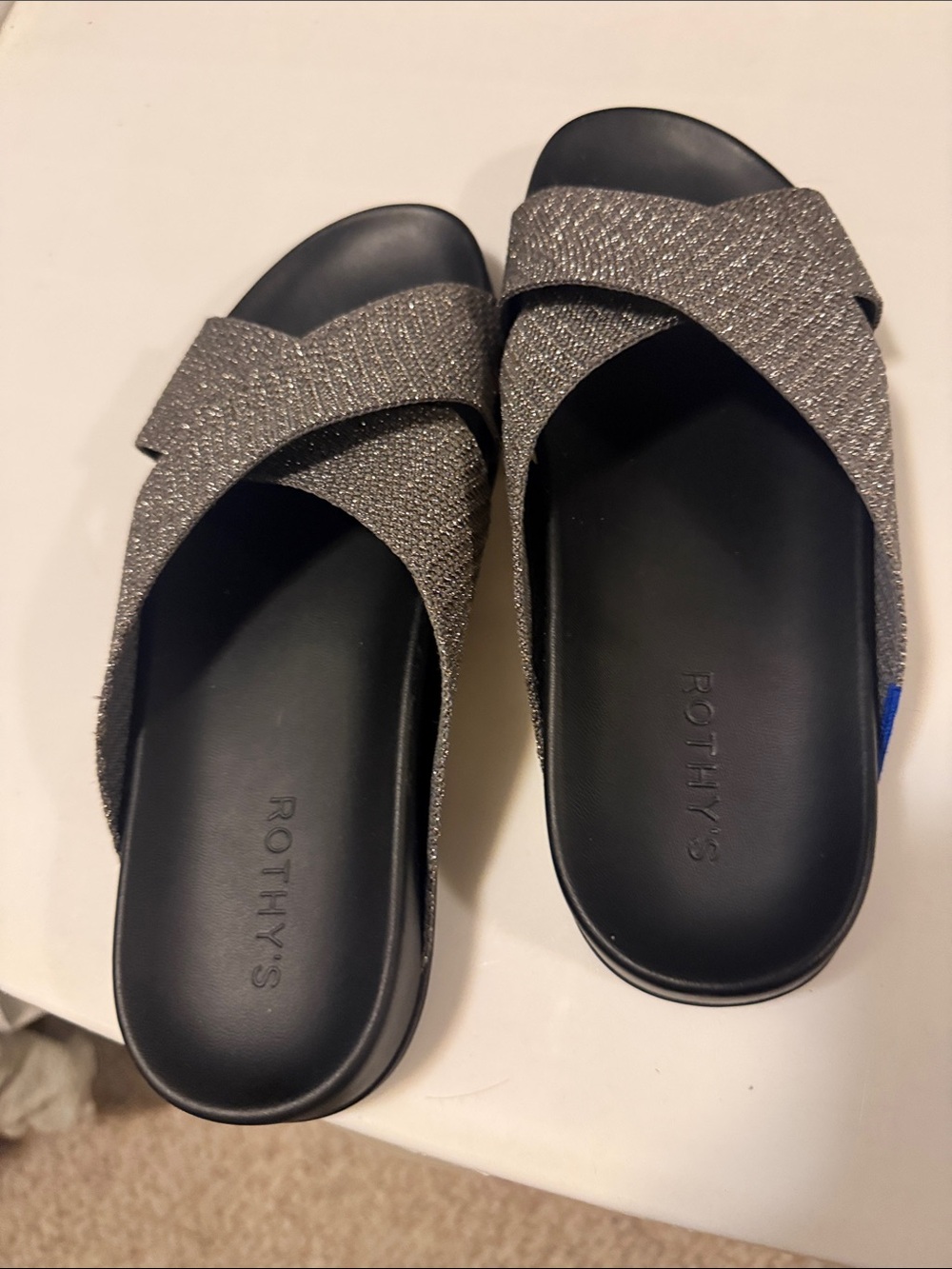 Rothy's Women's Sparkle Crisscross Slide Sandals in Silver
